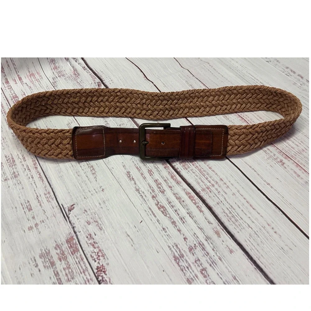 Mens Braided Jute Belt Brown Top Grain Cowhide Leather Trim Tan Woven Size 34